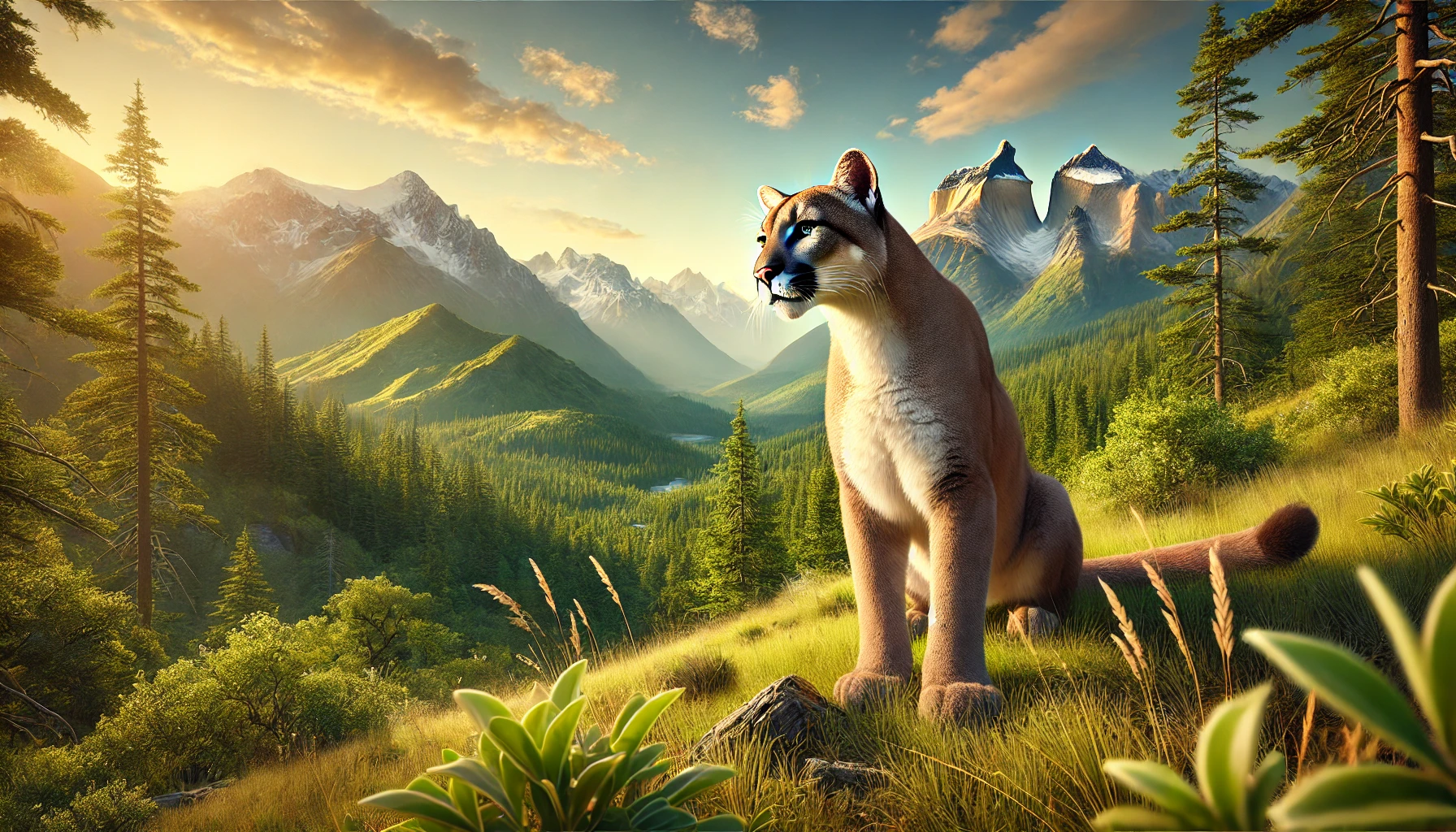 DALL·E 2024-11-03 02.20.47 - A stunning, realistic landscape image of a majestic puma in the wild. The puma is set against a natural mountainous backdrop, with lush green forests